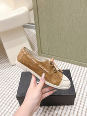 CHANEL 25S MOCCASINS IN BROWN AND LIGHT GREY SUEDE