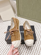CHANEL 25S MOCCASINS IN BROWN AND LIGHT GREY SUEDE