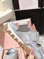 MIUMIU 26S VELCRO SANDALS IN GRAY CALFSKIN AND NYLON SILVER HARDWARE