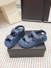 CHANEL 26S QUILTED DAD SANDALS IN SLATE BLUE CALFSKIN