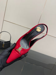 YSL 25S SLINGBACK HIGH HEELS 90 MM IN RED SATIN WITH GOLD HARDWARE STYLE 14