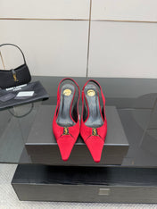 YSL 25S SLINGBACK HIGH HEELS 90 MM IN RED SATIN WITH GOLD HARDWARE STYLE 14