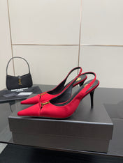 YSL 25S SLINGBACK HIGH HEELS 90 MM IN RED SATIN WITH GOLD HARDWARE STYLE 14