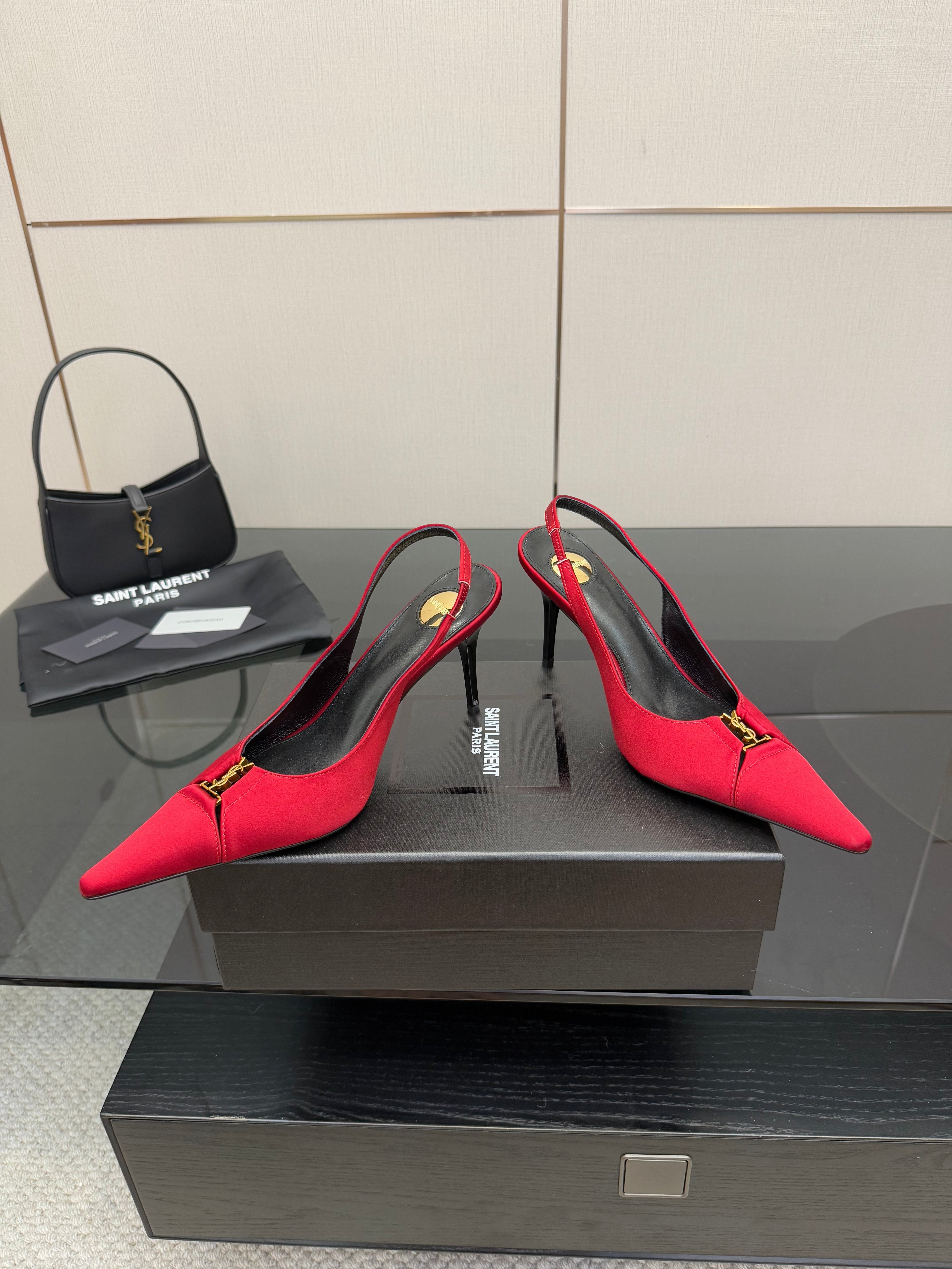 YSL 25S SLINGBACK HIGH HEELS 90 MM IN RED SATIN WITH GOLD HARDWARE STYLE 14