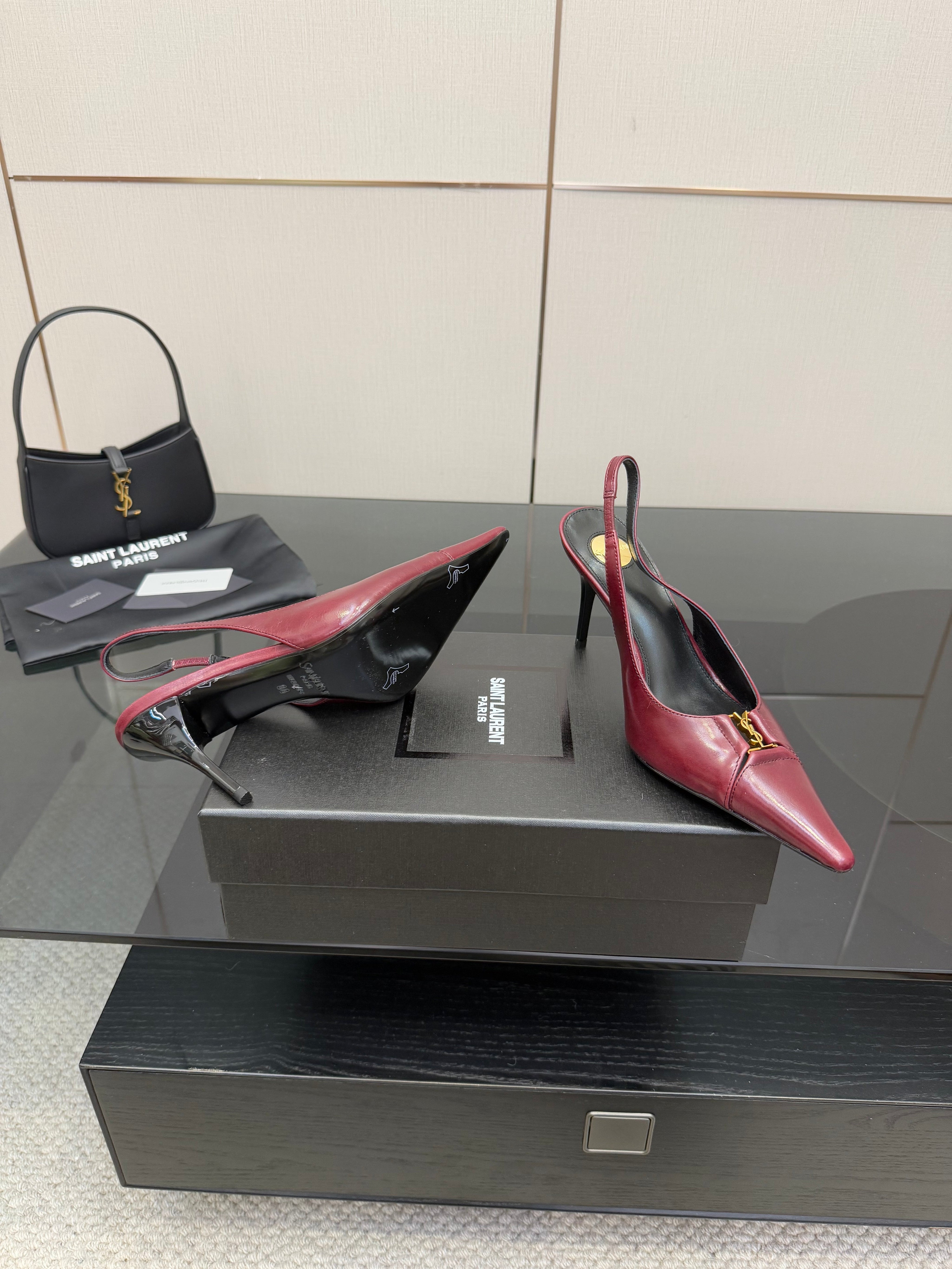 YSL 25S SLINGBACK HIGH HEELS 90 MM IN DARK RED LAMBSKIN WITH GOLD HARDWARE STYLE 9
