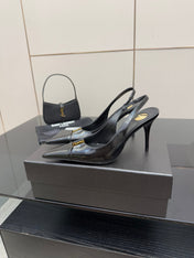 YSL 25S SLINGBACK HIGH HEELS 90 MM IN BLACK LAMBSKIN WITH GOLD HARDWARE STYLE 8