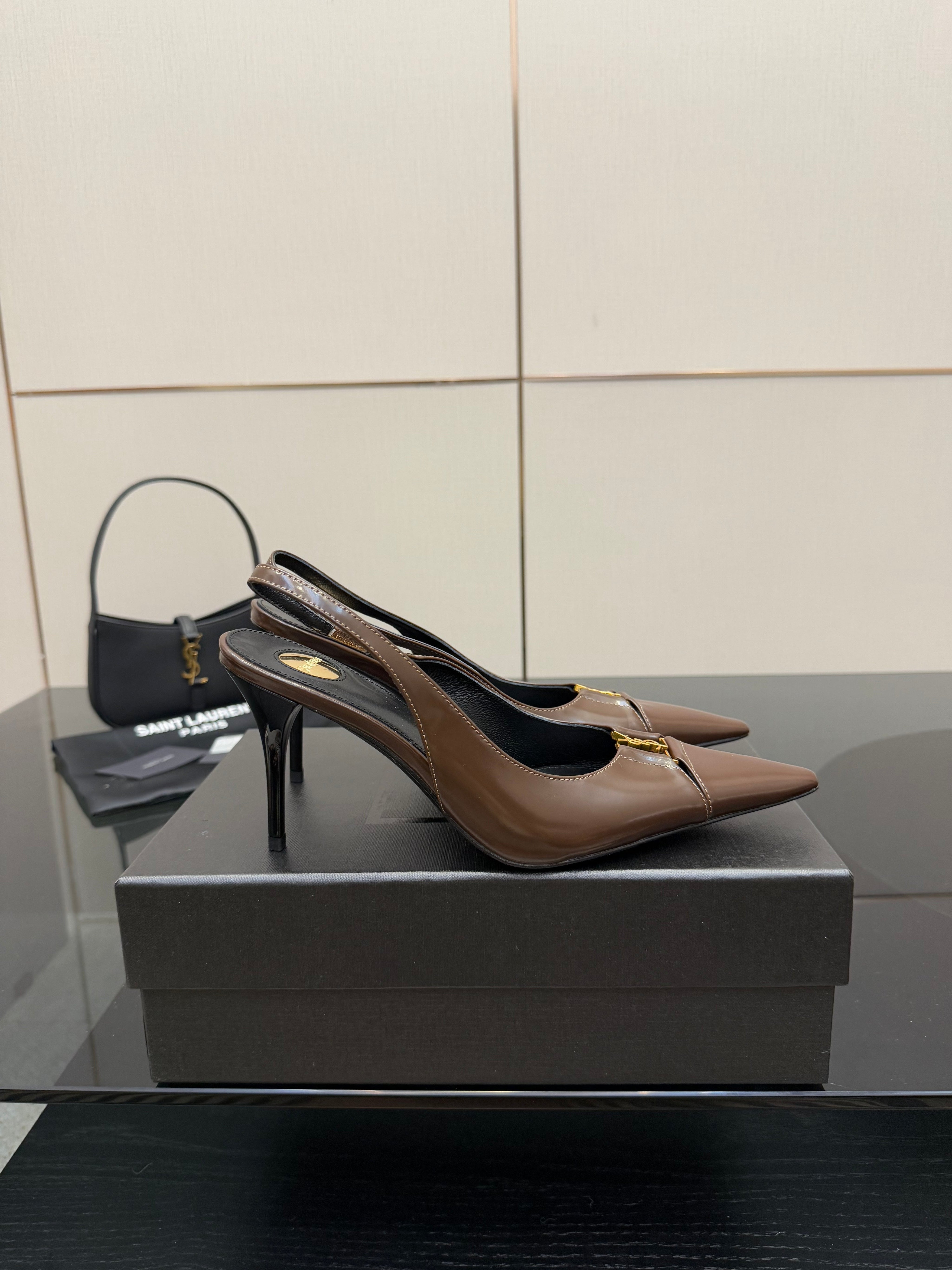YSL 25S SLINGBACK HIGH HEELS 90 MM IN CHOCOLATE BROWN LAMBSKIN WITH GOLD HARDWARE YSL 25S SLINGBACK HIGH HEELS 90 MM IN CHOCOLATE BROWN LAMBSKIN WITH GOLD HARDWARE STYLE 7