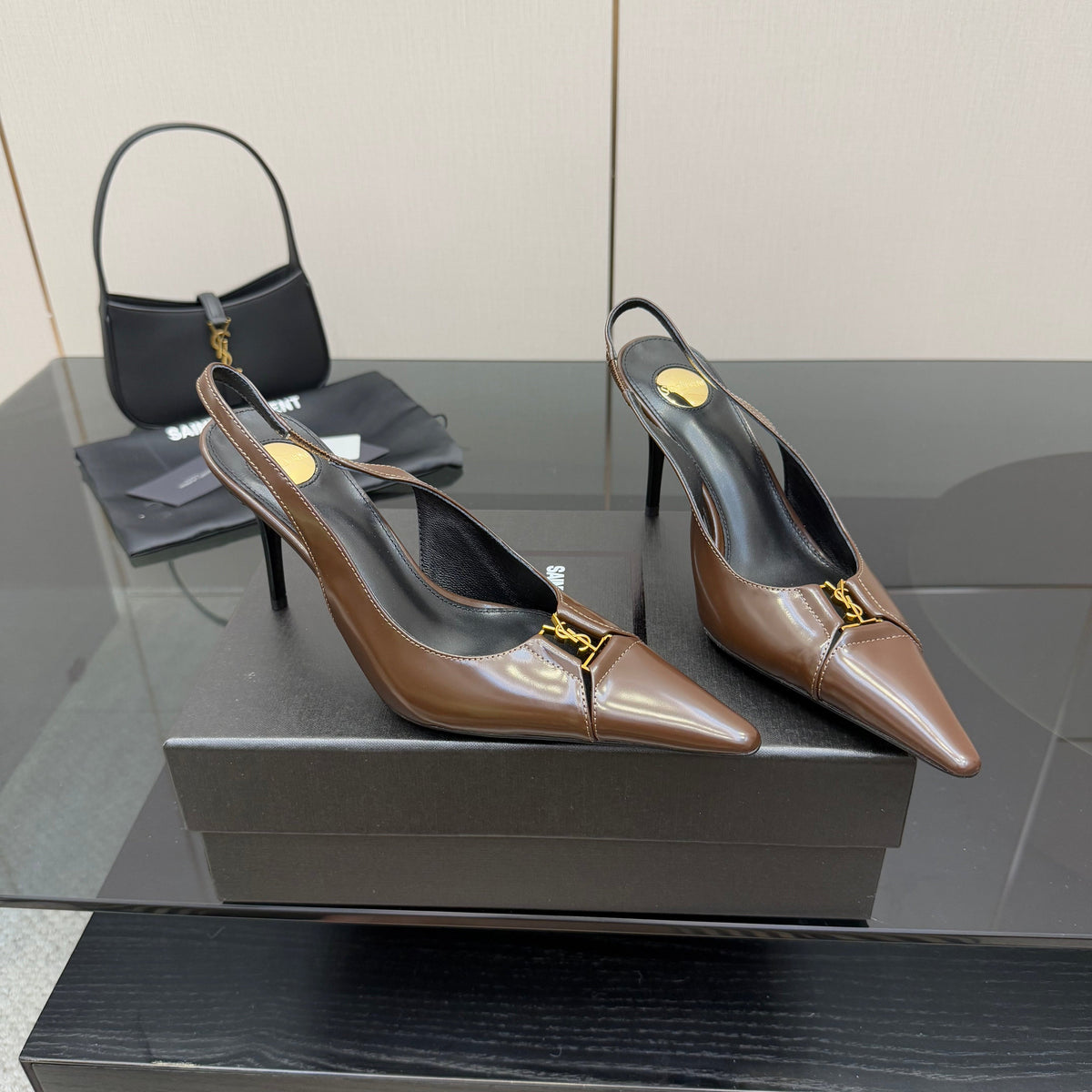 YSL 25S SLINGBACK HIGH HEELS 90 MM IN CHOCOLATE BROWN LAMBSKIN WITH GOLD HARDWARE YSL 25S SLINGBACK HIGH HEELS 90 MM IN CHOCOLATE BROWN LAMBSKIN WITH GOLD HARDWARE STYLE 7