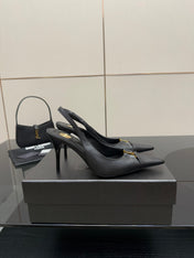 YSL 25S SLINGBACK HIGH HEELS 90 MM IN BLACK SMOOTH LAMBSKIN WITH GOLD HARDWARE STYLE 3