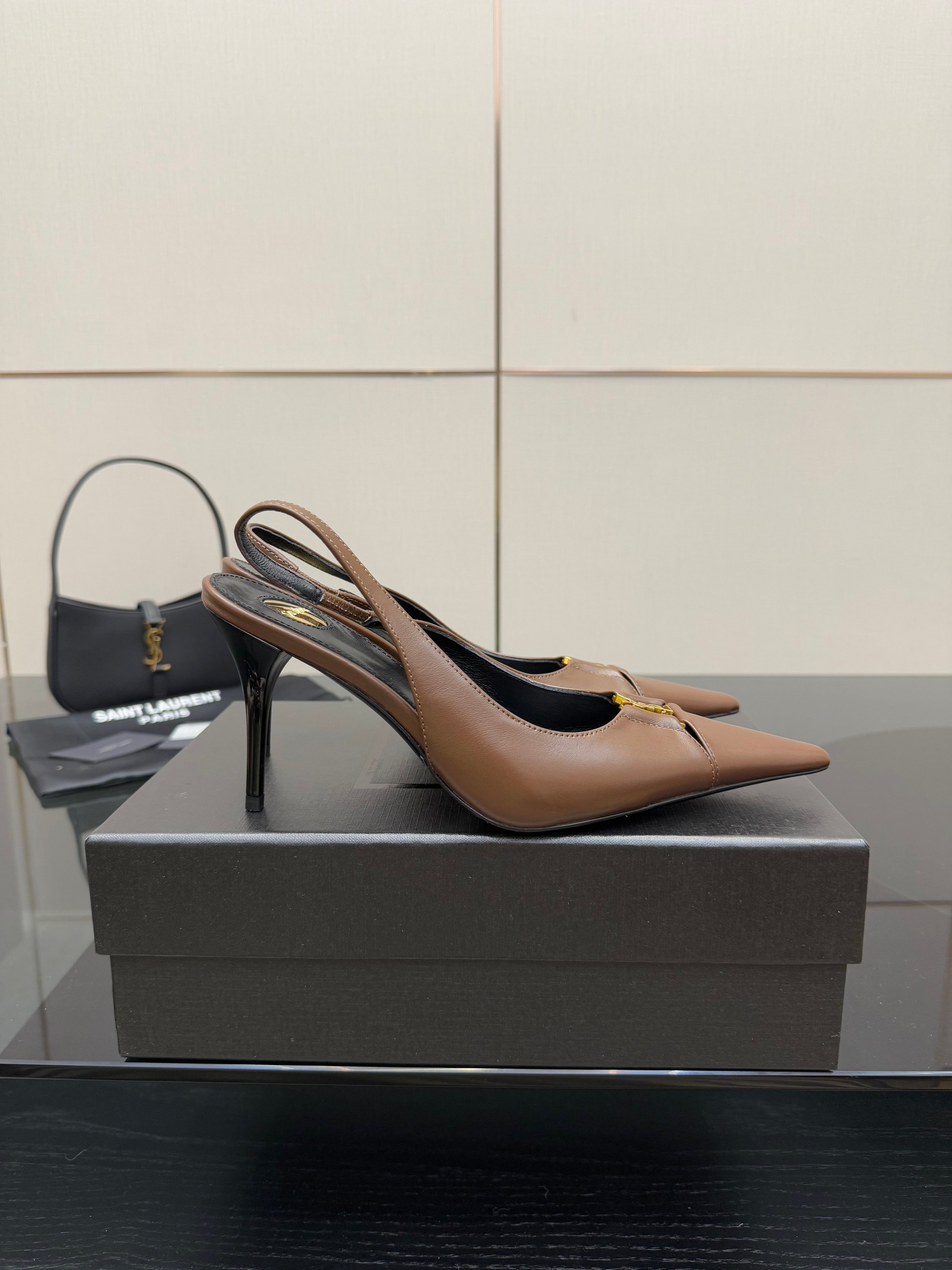 YSL 25S SLINGBACK HIGH HEELS 90 MM IN CHESTNUT BROWN LAMBSKIN WITH GOLD HARDWARE STYLE 1