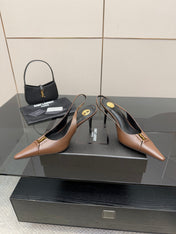 YSL 25S SLINGBACK HIGH HEELS 90 MM IN CHESTNUT BROWN LAMBSKIN WITH GOLD HARDWARE STYLE 1