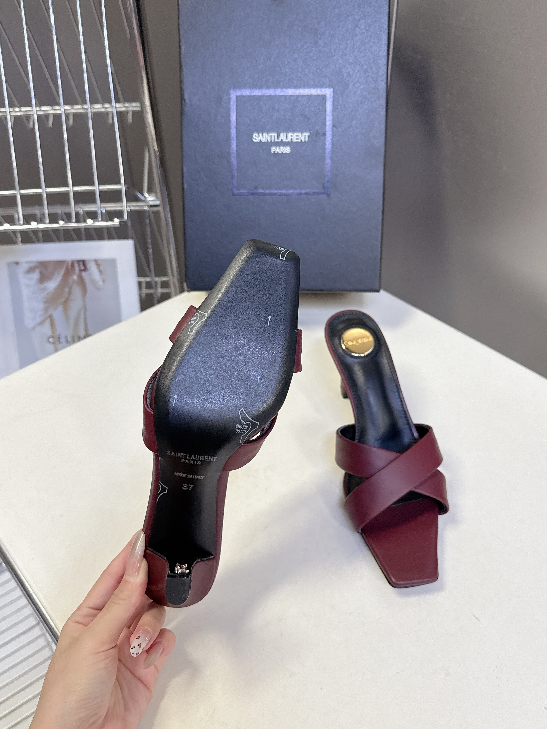 YSL 25S JILL MULES 75MM IN MAHOGANY RED SMOOTH CALFSKIN