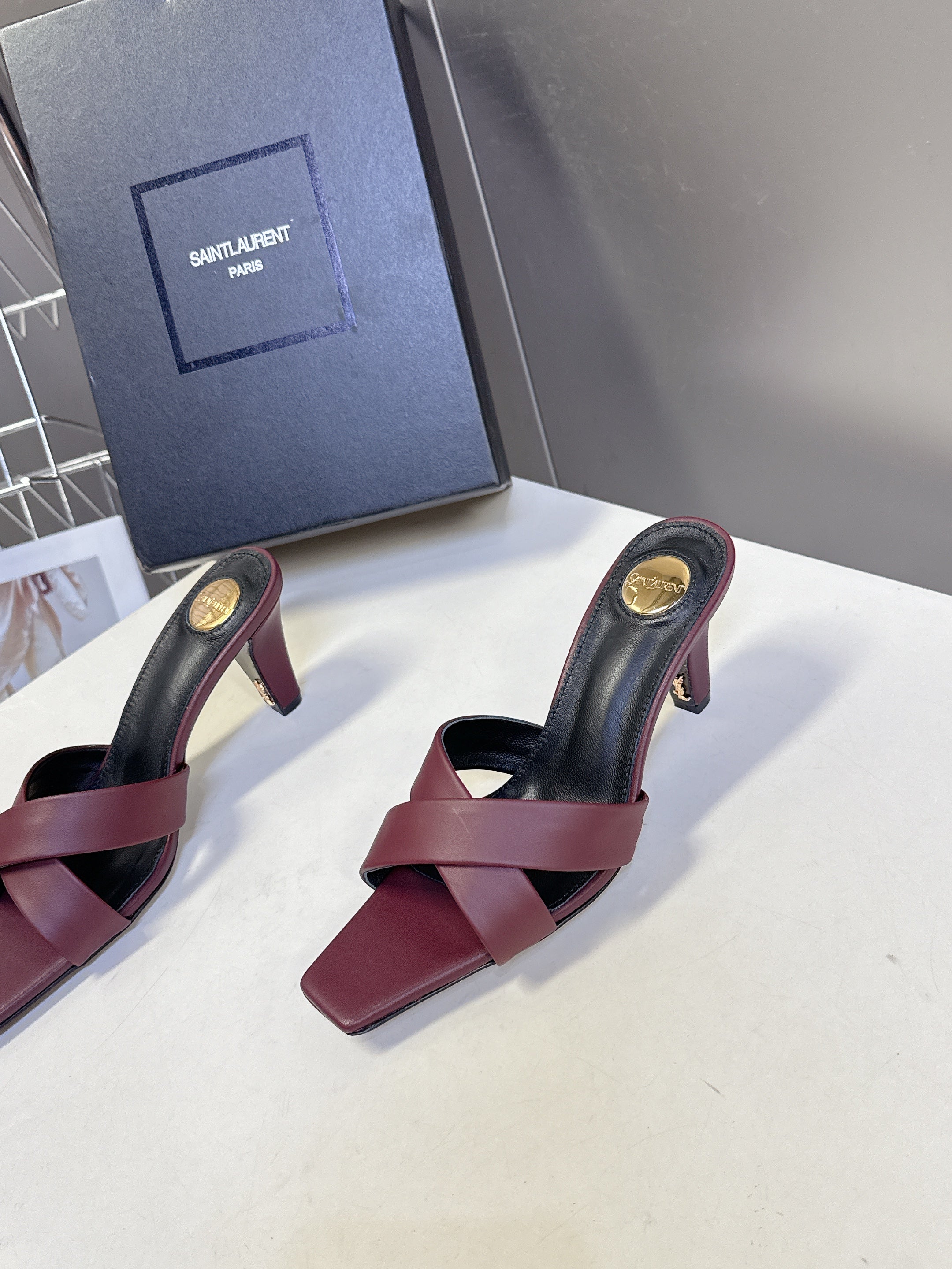 YSL 25S JILL MULES 75MM IN MAHOGANY RED SMOOTH CALFSKIN