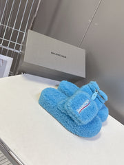 BALENCIAGA 25S SLIPPERS IN BLUE FAUX SHEARLING