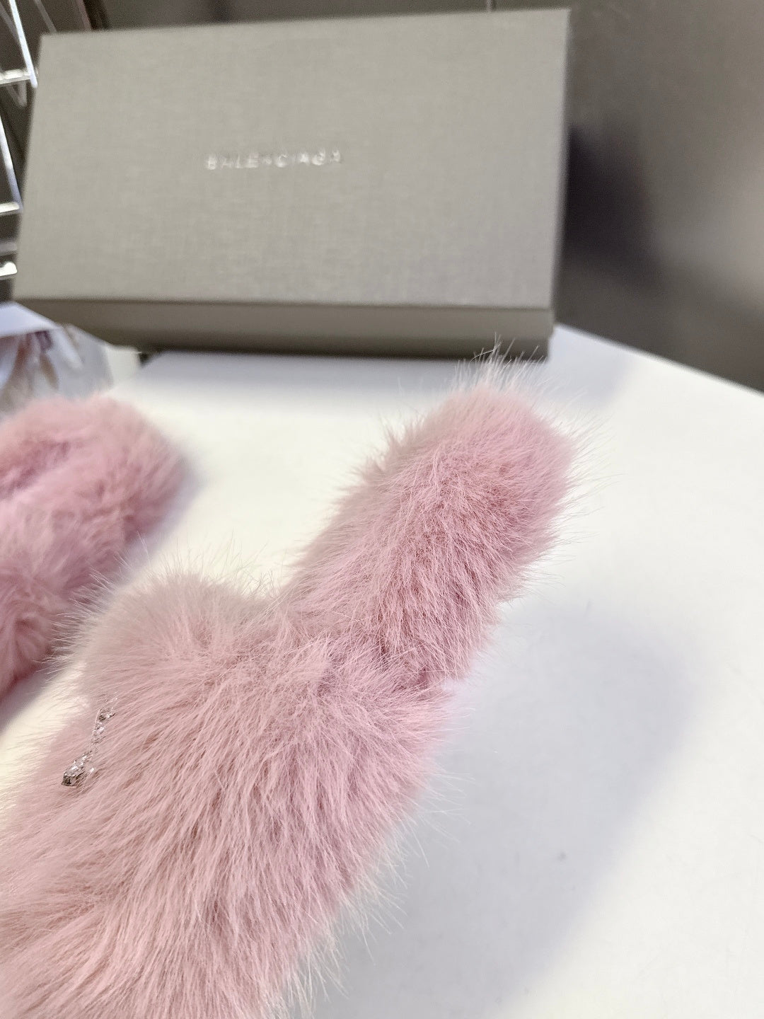 BALENCIAGA 25S SOFT FUR SLIPPERS IN LIGHT PINK FUR WITH RHINESTONE BOW