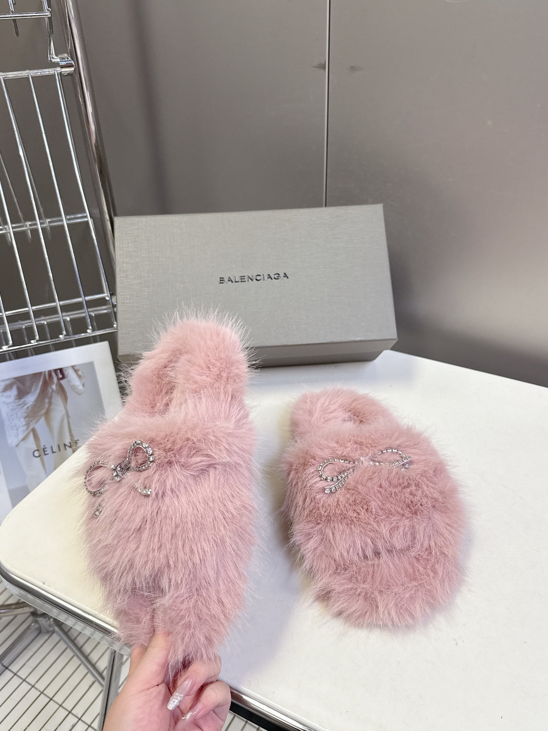 BALENCIAGA 25S SOFT FUR SLIPPERS IN LIGHT PINK FUR WITH RHINESTONE BOW