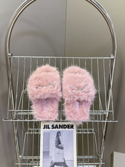 BALENCIAGA 25S SOFT FUR SLIPPERS IN LIGHT PINK FUR WITH RHINESTONE BOW