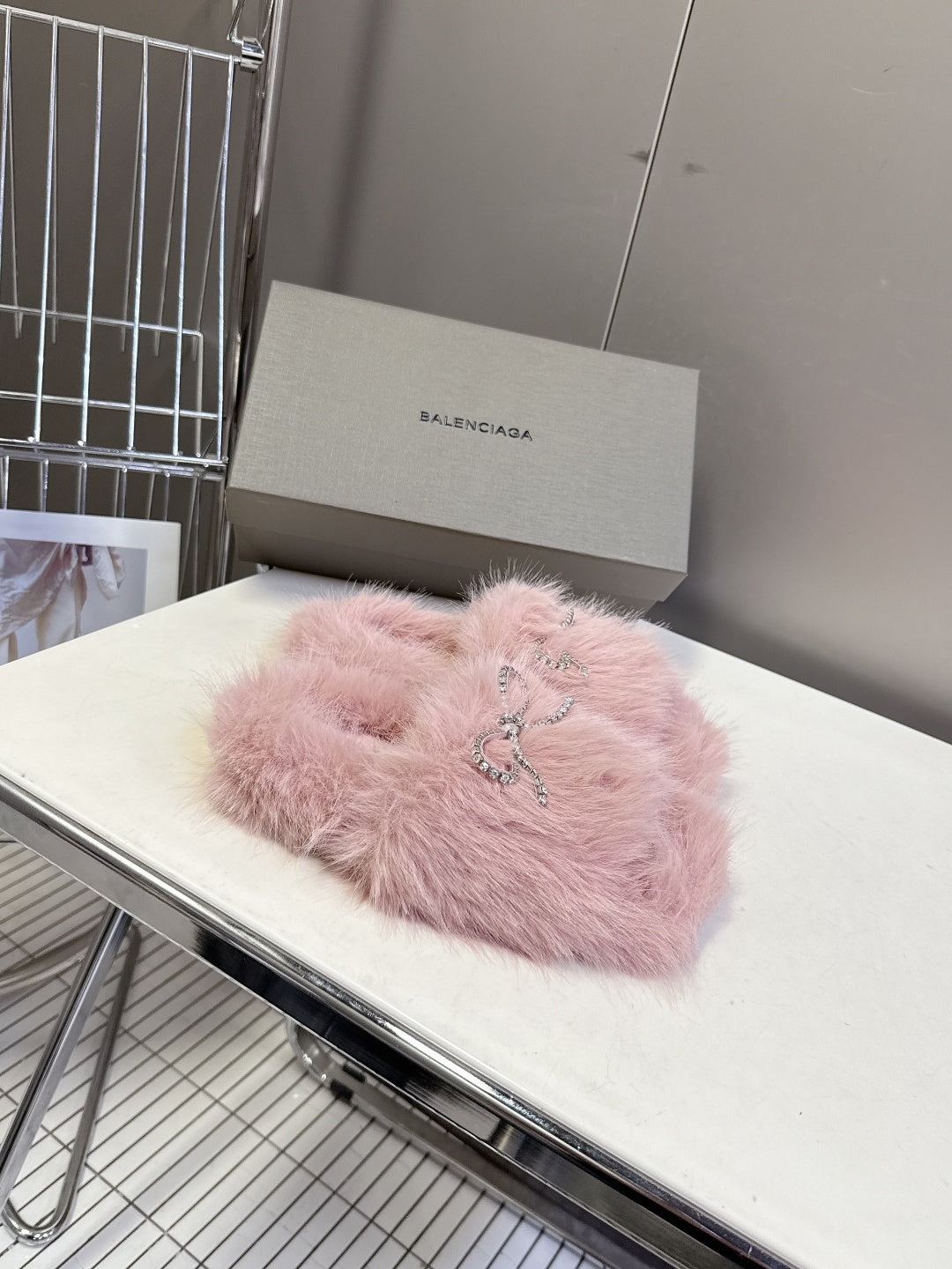 BALENCIAGA 25S SOFT FUR SLIPPERS IN LIGHT PINK FUR WITH RHINESTONE BOW