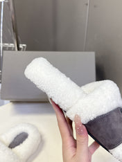 BALENCIAGA 25S SLIPPERS IN MUTED PURPLE GRAY SUEDE AND WHITE WOOL