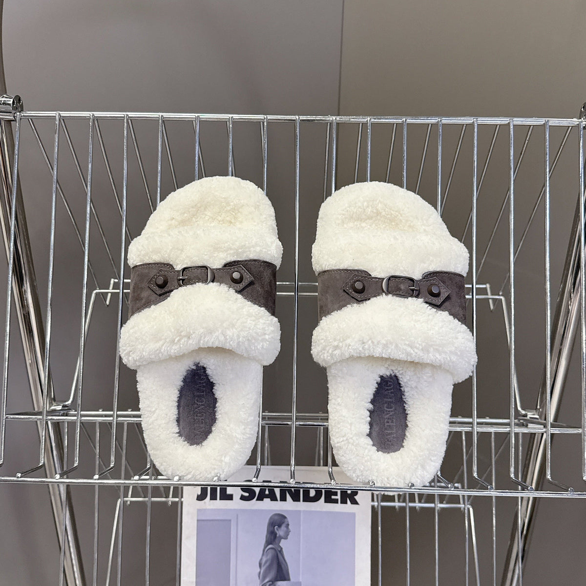 BALENCIAGA 25S SLIPPERS IN MUTED PURPLE GRAY SUEDE AND WHITE WOOL