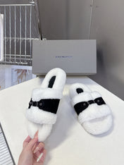 BALENCIAGA 25S SLIPPERS IN BLACK SUEDE AND WHITE WOOL