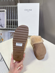 CELINE 26S WEDGE MULES IN SAND BEIGE SUEDE AND WOOL