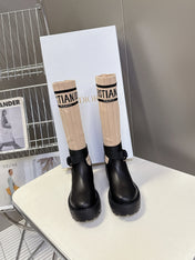 DIOR 25S D-MAJOR ANKLE BOOTS IN BLACK CALFSKIN AND LIGHT BEIGE FABRIC