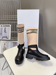 DIOR 25S D-MAJOR ANKLE BOOTS IN BLACK CALFSKIN AND LIGHT BEIGE FABRIC