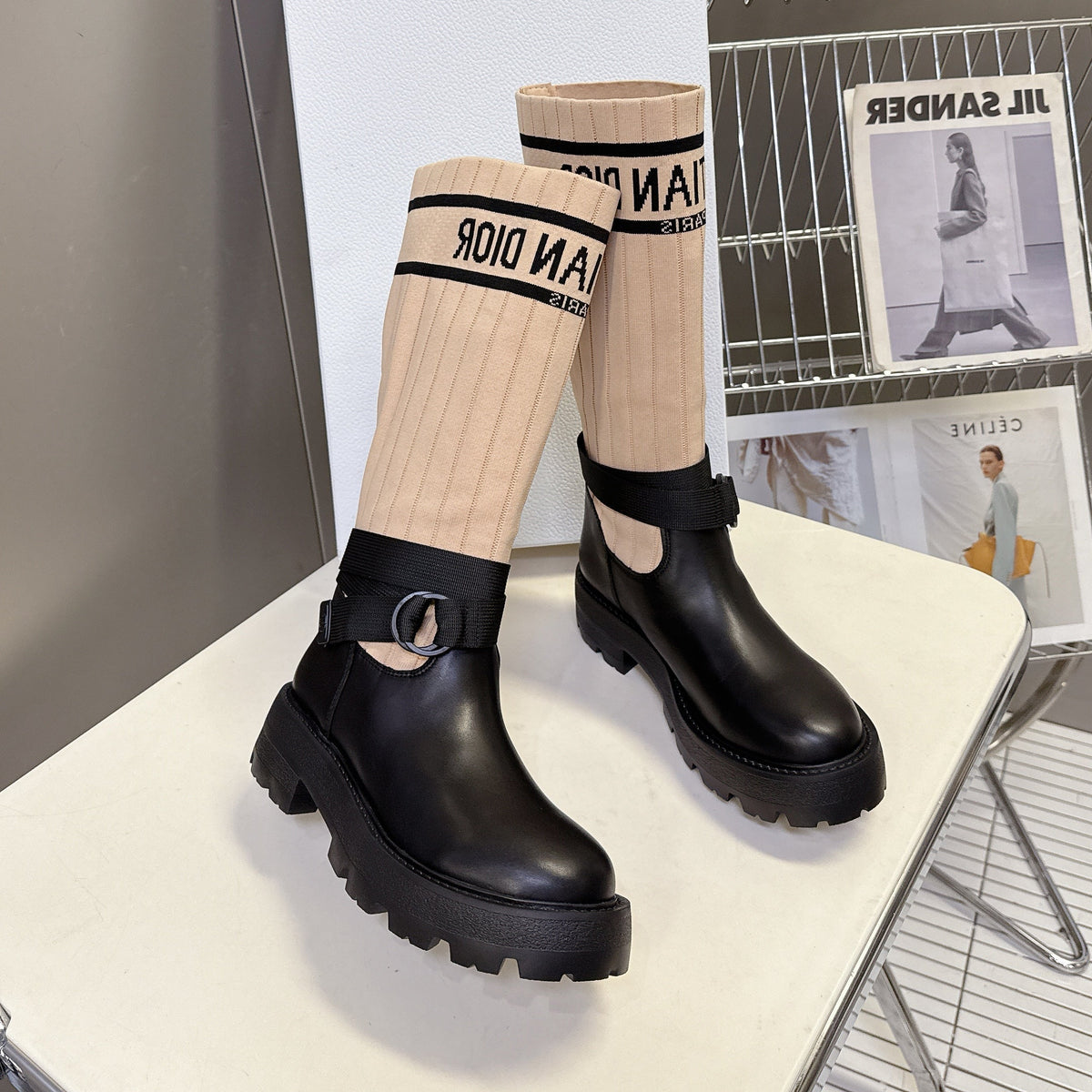 DIOR 25S D-MAJOR ANKLE BOOTS IN BLACK CALFSKIN AND LIGHT BEIGE FABRIC