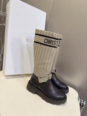 DIOR 25S D-MAJOR ANKLE BOOTS IN BLACK CALFSKIN AND BEIGE FABRIC