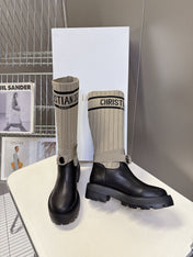 DIOR 25S D-MAJOR ANKLE BOOTS IN BLACK CALFSKIN AND BEIGE FABRIC