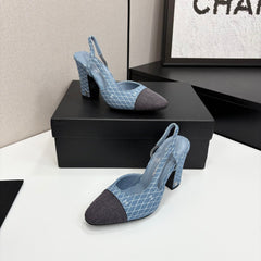 CC SLINGBACK 25S 90 MM IN BLUE DENIM WITH PLAID PATTERN
