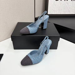 CC SLINGBACK 25S 90 MM IN BLUE DENIM WITH PLAID PATTERN