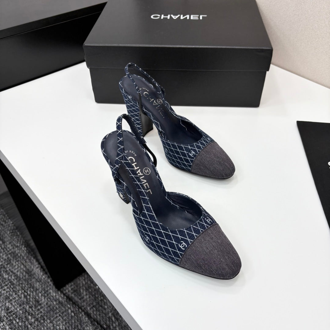 CC SLINGBACK 25S 90 MM IN NAVY BLUE DENIM WITH PLAID PATTERN
