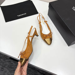 CC SLINGBACK 25S IN BURNT ORANGE SUEDE AND GOLDEN BROWN LAMBSKIN WITH BOW