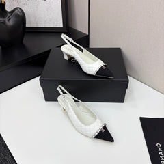 CC SLINGBACK 25S 30 MM IN WHITE LAMBSKIN MIX BLACK FABRIC