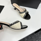 CC HIGH HEEL 25S 50 MM IN WHITE AND LIGHT BEIGE RAFFIA WITH CRYSTALS