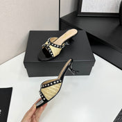 CC HIGH HEEL 25S 50 MM IN BEIGE RAFFIA AND BLACK CALFSKIN WITH CRYSTALS