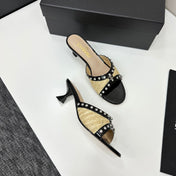 CC HIGH HEEL 25S 50 MM IN BEIGE RAFFIA AND BLACK CALFSKIN WITH CRYSTALS