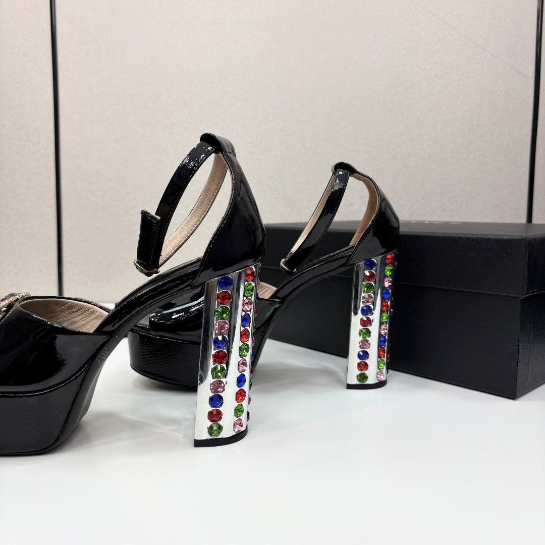 CC HIGH SANDAL 25S 110 MM IN BLACK CALFSKIN WITH MULTICOLOR STONES