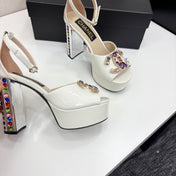 CC HIGH SANDAL 25S 110 MM IN CREAM WHITE CALFSKIN WITH MULTICOLOR STONES