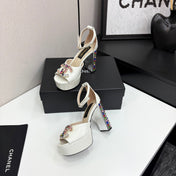 CC HIGH SANDAL 25S 110 MM IN CREAM WHITE CALFSKIN WITH MULTICOLOR STONES