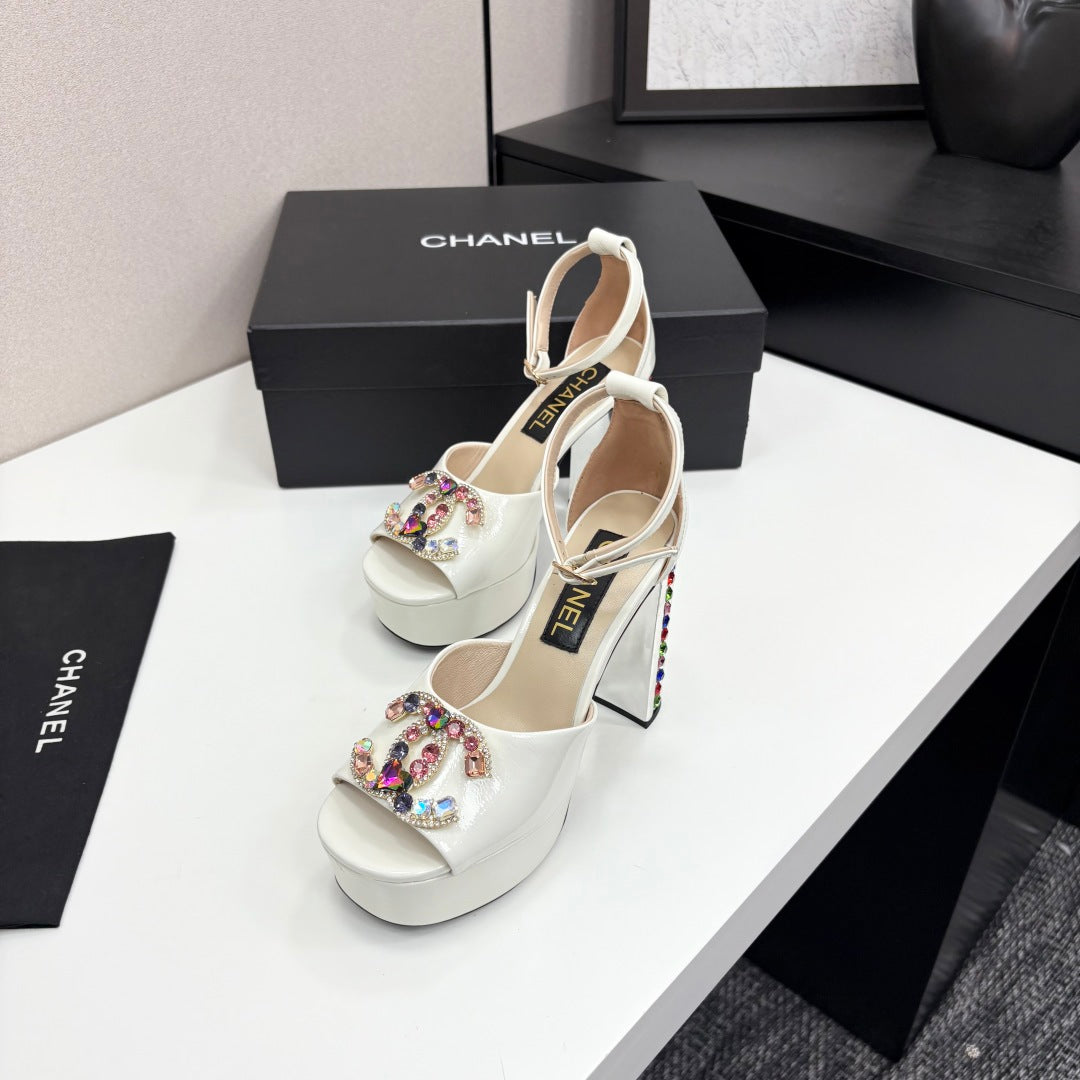 CC HIGH SANDAL 25S 110 MM IN CREAM WHITE CALFSKIN WITH MULTICOLOR STONES