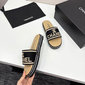 CC SLIDE SANDALS 25S IN BEIGE CALFSKIN MIX BLACK FABRIC