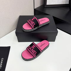 CC SLIDE SANDALS 25S IN PINK FABRIC AND CALFSKIN
