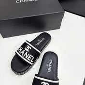 CC SLIDE SANDALS 25S IN BLACK FABRIC AND CALFSKIN