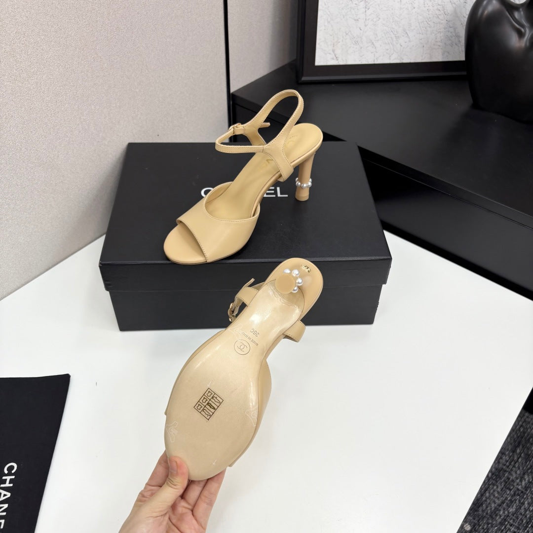 CC HIGH SANDAL 25S 80 MM IN BEIGE CALFSKIN WITH PEARL DETAILS