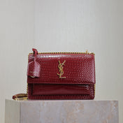 YSL 25S SUNSET MEDIUM 22 IN CRIMSON RED CROCODILE-EMBOSSED CALFSKIN GOLD HARDWARE