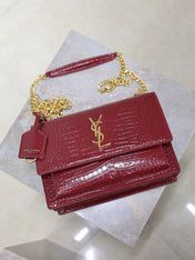 YSL 25S SUNSET MEDIUM 22 IN CRIMSON RED CROCODILE-EMBOSSED CALFSKIN GOLD HARDWRE