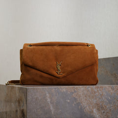 YSL 25S CALYPSO GM 38 IN DARK CARAMEL SUEDE GOLD HARDWARE